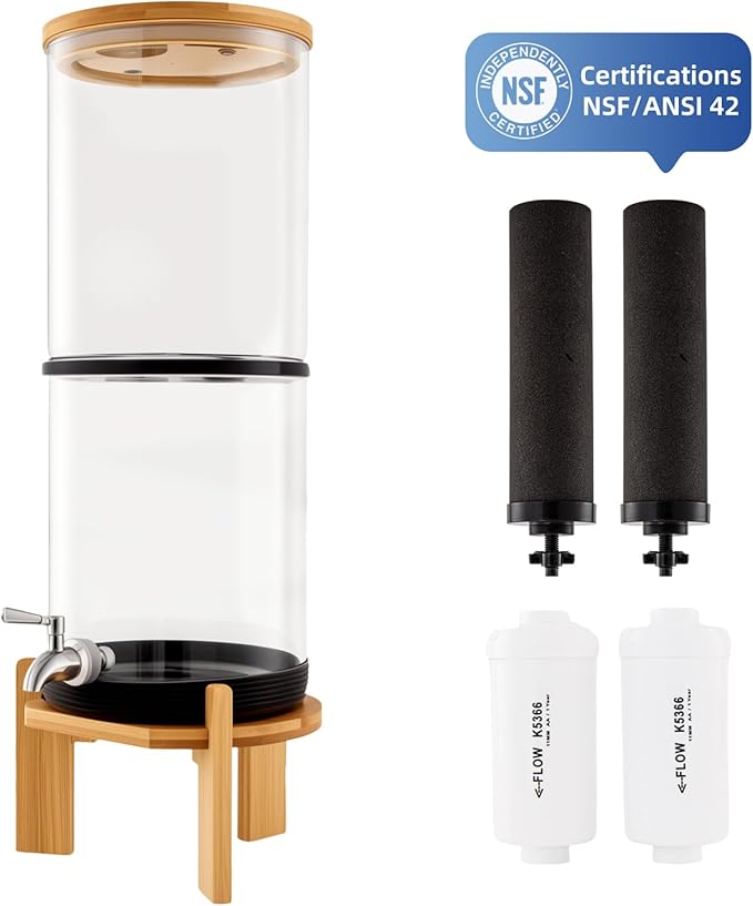 Gravity-Fed Water Filter System, Glass water filter, Glass Countertop Water Filtration Dispenser, with Wooden Stand and 2 Filters, 2.25 Gallon，for Home and Office
