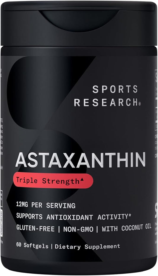 Sports Research Triple Strength Astaxanthin 12mg with Organic Coconut Oil - Antioxidant Supplement, Non-GMO Verified & Gluten Free - 60 Softgels