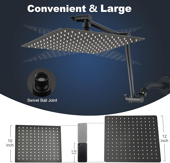 PDPBath All Metal 12" Rainfall Shower Head with 16" Upgrade Flexible Extension Arm, Shower Head with Handheld Combo,70" Extra Long Shower Hose, 3-Way Diverter,Matte Black