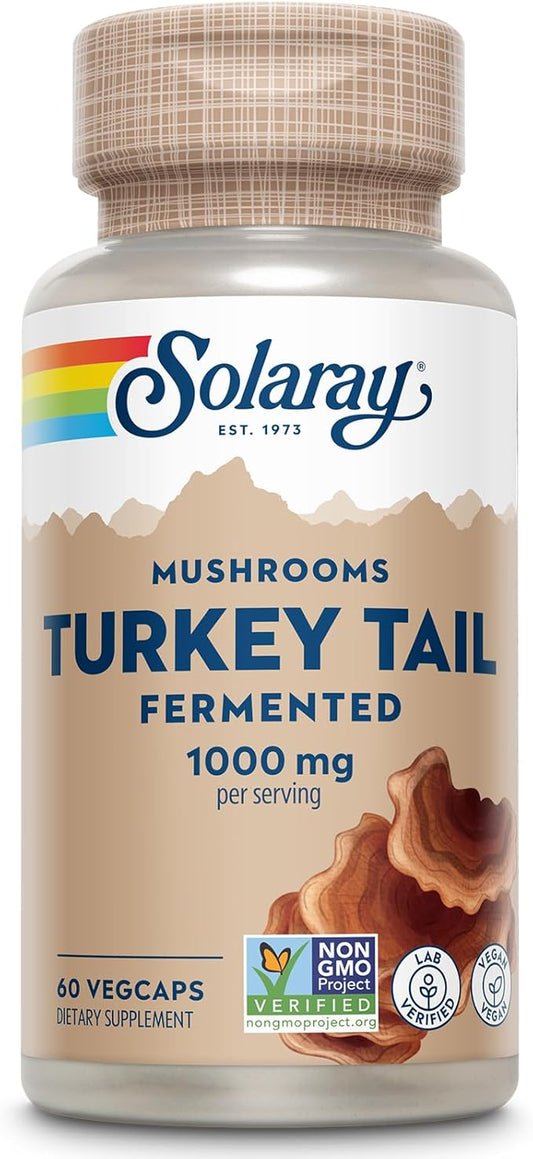 SOLARAY Fermented Turkey Tail Mushroom Supplement 1000mg - Overall Wellness Support - Turkey Tail Mushroom Capsules with Organic Mushrooms - Vegan, Non-GMO, Lab Verified, 60-Day Guarantee, 30 Servings