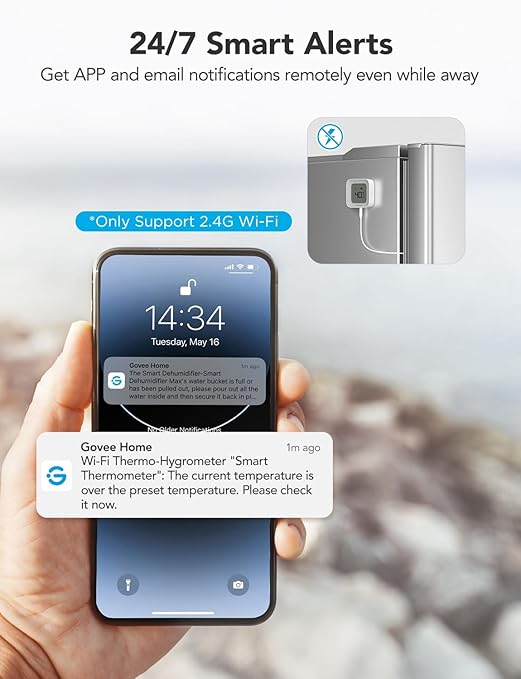 GoveeLife WiFi Refrigerator Thermometer with Alarm, Wireless Digital Freezer Temperature Gauge with App Control, LCD Display, 2 Years Free Data Export, for Fridge Hot Tub (Only Support 2.4G WiFi)