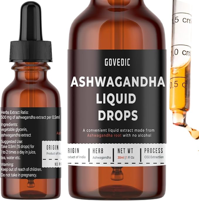 Ashwagandha Liquid Drops Concentrated 1 Fl Oz 30ml | 60 Servings of 500mg Organic Root Tincture Extract Supplement | Stress Relief, Energy & Immunity, Mental Focus, Fast Absorption