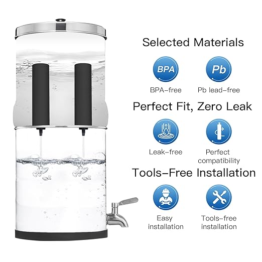 1.5G Stainless Steel Gravity-Fed Water Filter System with 2 Black Purification Filter and Metal Spigot, NSF/ANSI 42 Certification, Reduces up to 99% of Chlorine, for Home, Camping, Outdoor