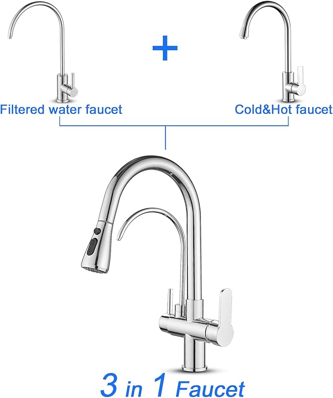 MENATT 2 Handle Kitchen Sink Faucet with Dringking Water Faucet, Pull Down Sprayer 3 in 1 Water Filter Purifier Faucets (Chrome)