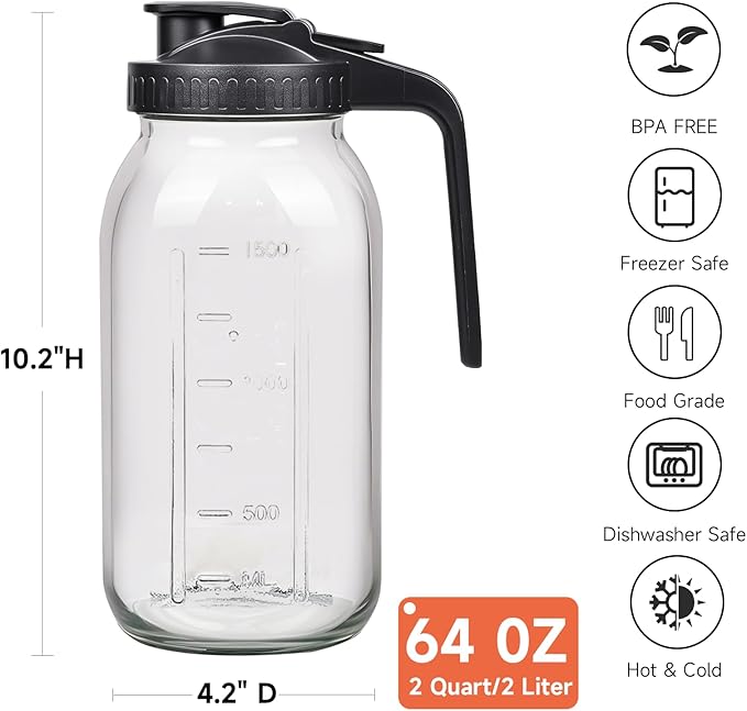 3 Pack 64oz Glass Mason Jar Pitcher with Airtight Lid and Handle – Wide Mouth, Leak-Proof, Ideal for Sun Tea, Cold Brew, Lemonade, Iced Coffee, Milk, and Water (Gray)