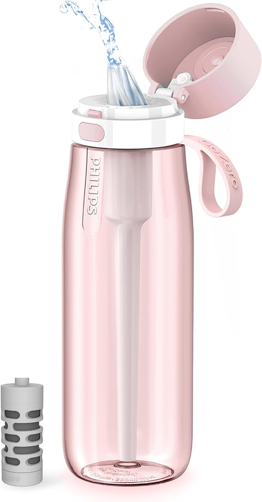 PHILIPS Filtered Water Bottle, BPA-Free Tritan Plastic Water Bottles, Replaces 450 Plastic Water Bottle with Reusable GoZero Everyday Water Filter, Portable Filtering Bottle for Travel, 22 oz, Pink
