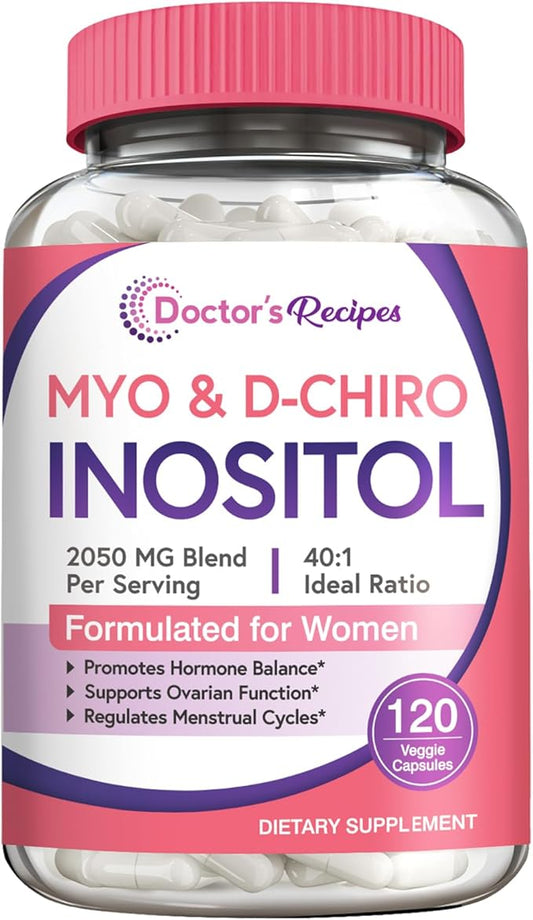 Doctor's Recipes Inositol Supplement, Myo-Inositol & D-Chiro Inositol Capsules 2050mg per Serving, Ideal 40:1 Blend, Hormone Balance for Women, Ovarian Function & Fertility Support, 120 Vegan Caps