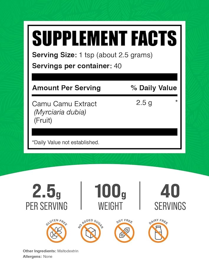 BulkSupplements.com Camu Camu Extract Powder - Superfood Supplement, Herbal Supplement - Vegan & Gluten Free, 2.5g per Serving, 100g (3.5 oz) (Pack of 1)