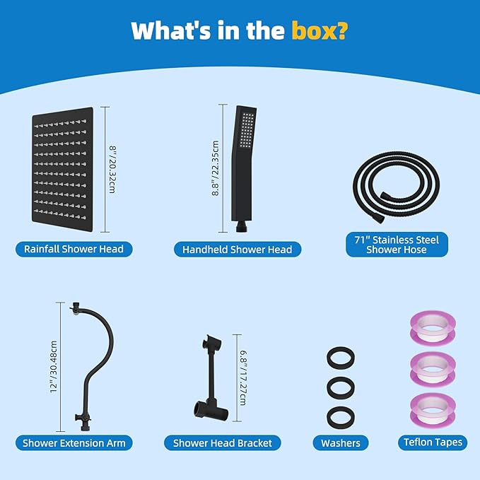 Hibbent All Metal Shower Head, 8'' High Pressure Rainfall Shower Head, Showerhead Combo, Handheld Shower Wand, 12'' Adjustable Curved Shower Extension Arm, 71'' Hose, Shower Head Holder, Matte Black