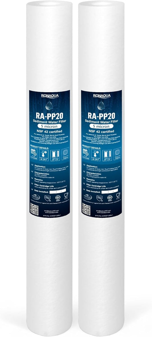 Ronaqua 5 Micron Standard 20" x 2.5" Sediment Water Filter Cartridge, NSF Certified, 4-Layer Filtration for 20” x 2.5” Whole House Systems, Compatible with FPMB5-20, SDC-25-2005/4, VX05-20, 2 Pack