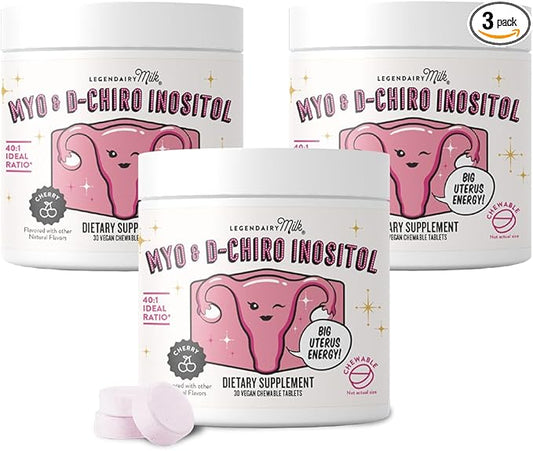 Legendairy Milk Pure Inositol Chewable Tablets - Myo-Inositol & D-Chiro Supplement for Hormonal Balance & Fertility Support - Ideal 40:1 Ratio - 30 Day Supply (Pack of 3)