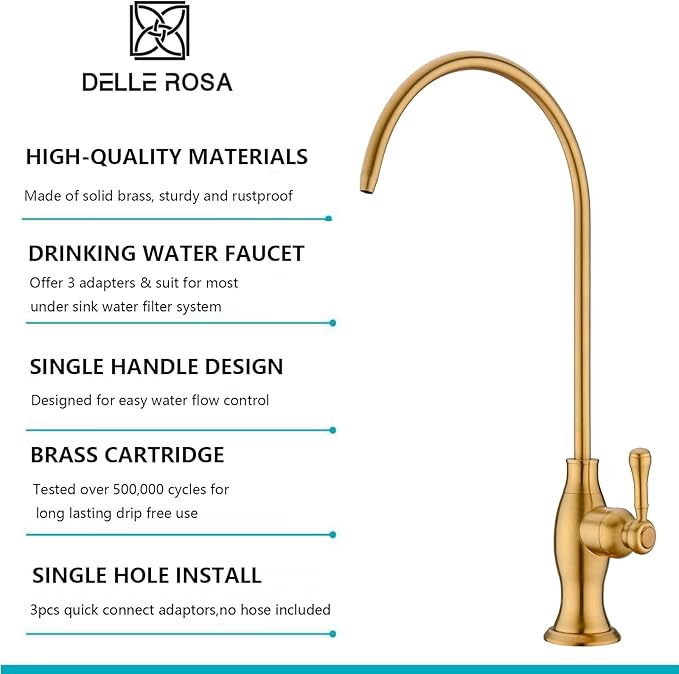 Delle Rosa Brushed Gold Drinking Water Faucet, Commercial Water Filtration Faucet for Under Sink Water Filter System,Solid Brass Drinking Water Purifier Faucets,Brushed Gold(Deep Gold)