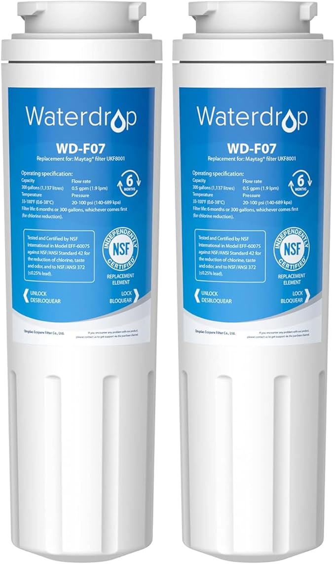 Waterdrop UKF8001 Refrigerator Water Filter 4, Replacement for Whirlpool® EDR4RXD1, EveryDrop® Filter 4, Maytag® UKF8001AXX-750, UKF8001AXX-200, 46-9006, Puriclean II, WD-F07, 2 Filters