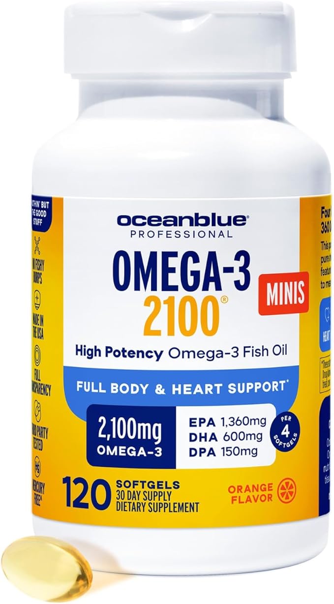Oceanblue Omega-3 2100 Advanced Duo – Triple Strength Fish Oil with EPA, DHA, DPA – 120ct Minis + 60ct Softgels – Heart & Brain Support – Orange Flavor 2 Pack
