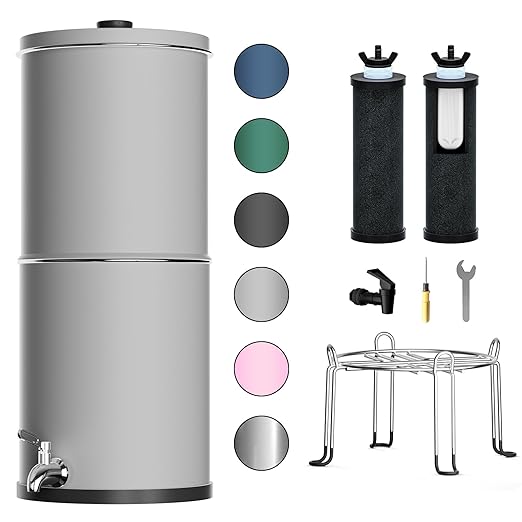 Purewell 3-Stage 0.01μm Ultra-Filtration Gravity Water Filter System, NSF/ANSI 42&372 Certification, 304 Stainless Steel Countertop System with 2 Filters and Stand, Reduce 99% Chlorine, 2.25G, PW-OB