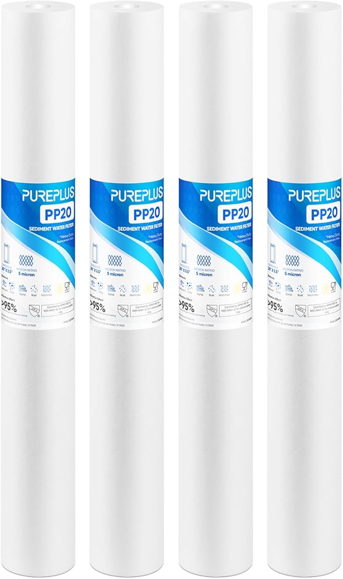 PUREPLUS 5 Micron 20" x 2.5" Whole House Sediment Home Water Filter, 20-inch Sediment Pre-Filtration, Replacement Cartridge Aqua Pure AP110-2C, Pentek P1-20/SP-P1-20/PX01-20, Watts FPMB5-20, 4Pack