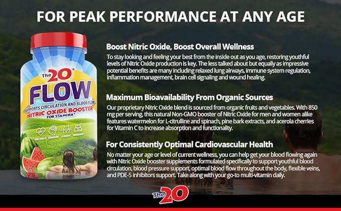 The20: Flow - Nitric Oxide Supplement - 60 Capsules - L-Citrulline from Organic Watermelon, Organic Spinach, and Organic Acerola Cherries - for Heart, Brain, and Overall Health - No Gluten