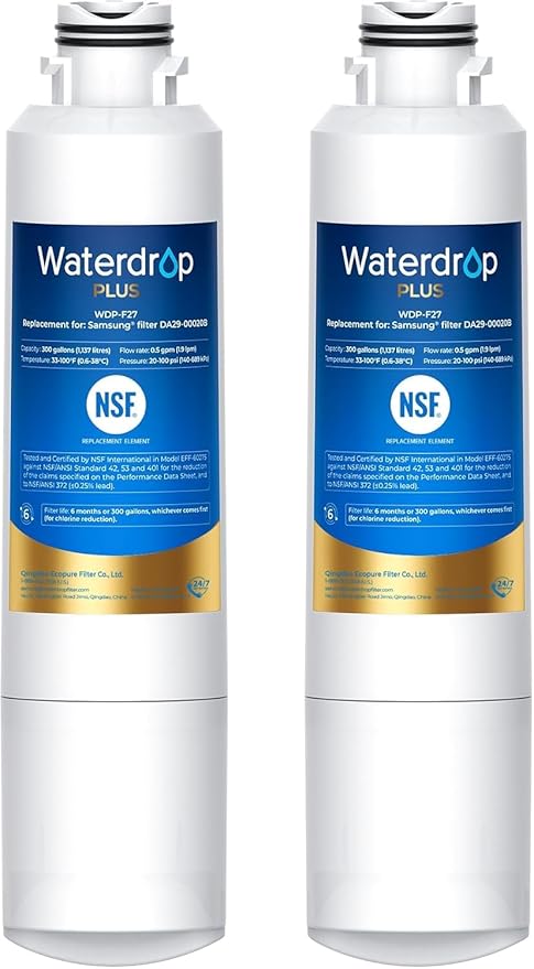 Waterdrop Plus DA29-00020B 𝐍𝐒𝐅 𝟒𝟎𝟏 𝐂𝐞𝐫𝐭𝐢𝐟𝐢𝐞𝐝 Refrigerator Water Filter, Replacement for Samsung® Water Filter DA29-00020B, HAF-CIN, HDX FMS-2, RF28HMEDBSR, 2 Filters (Package May Vary)
