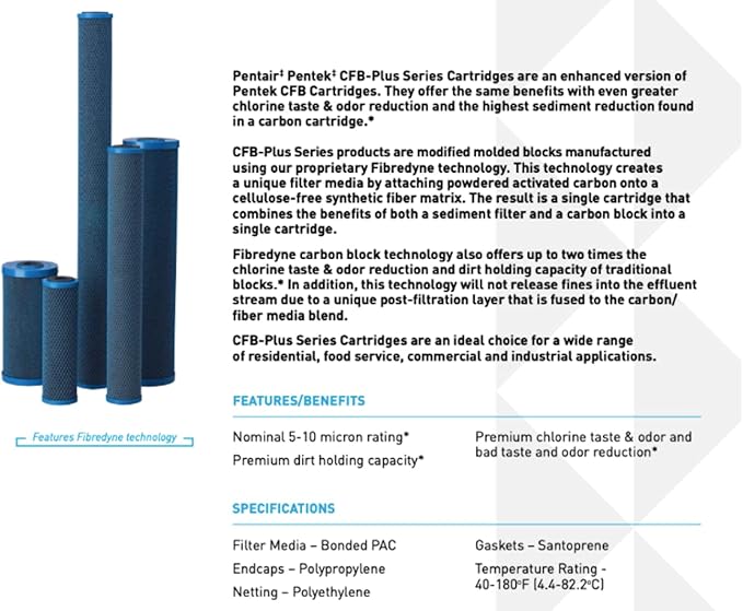 Pentair Pentek CFB-Plus10 Carbon Water Filter, 10-Inch, Under Sink Fibredyne Modified Molded Carbon Block Replacement Cartridge, 10" x 2.5", 5-10 Micron