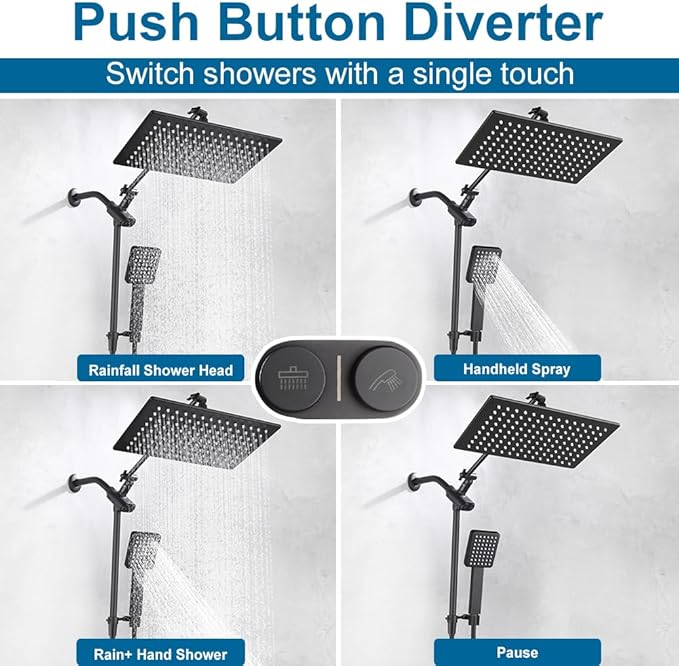 POP SANITARYWARE All Metal Matte Black Shower Head with Handheld, High Pressure 12 Inch Showerhead Combo, 71 Inch / 6 ft Hose, Press Button 4-Way Diverter, Adjustable Extension Arm