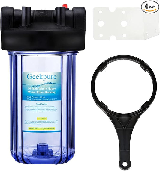 Geekpure 10 Inch Water Filter Housing for Whole House Water Filtration with Wrench Bracket -1" Port-Clear -4.5" x 10" (4)