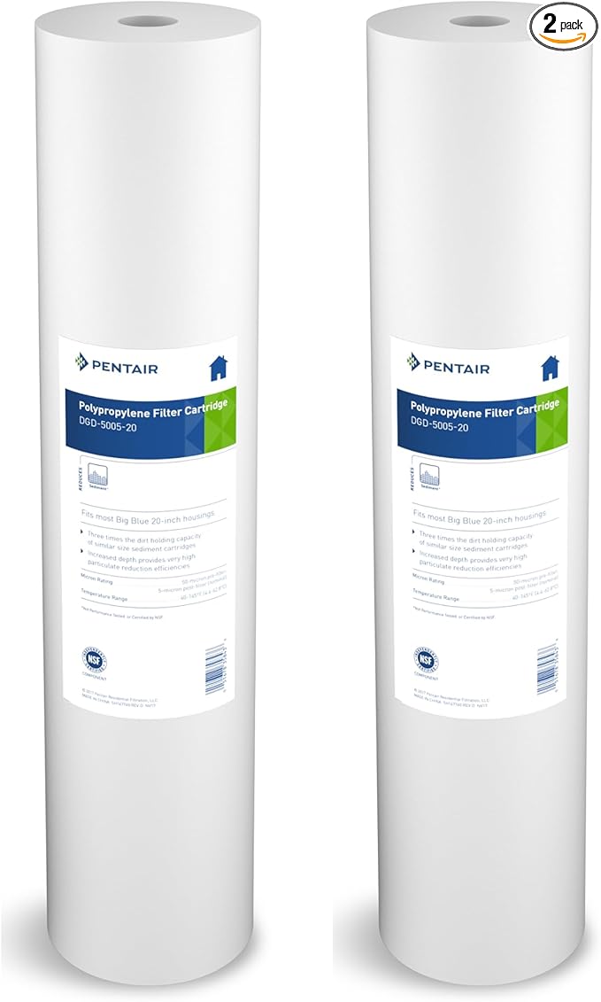 Pentair Pentek DGD-5005-20 Big Blue Water Filter, 20-Inch Whole House Sediment Filter Cartridge Replacement, Dual-Gradient Density Spun Polypropylene, 20" x 4.5", 5 Micron, (Pack of 2), White