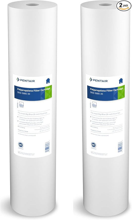 Pentair Pentek DGD-5005-20 Big Blue Water Filter, 20-Inch Whole House Sediment Filter Cartridge Replacement, Dual-Gradient Density Spun Polypropylene, 20" x 4.5", 5 Micron, (Pack of 2), White