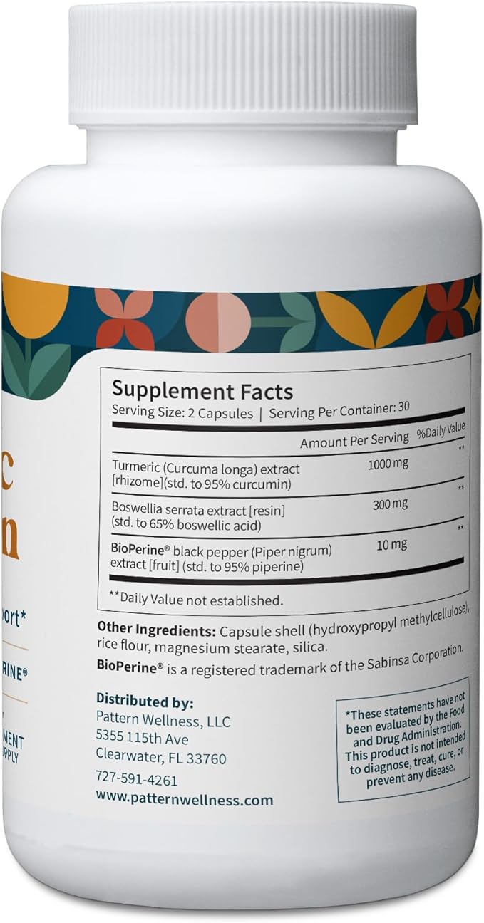 Pattern Wellness Turmeric Curcumin – 1300mg – 95% Curcuminoids with BioPerine® Black Pepper – Joint, Cognitive & Immune Support – Non-GMO, Gluten Free – 120 Capsules