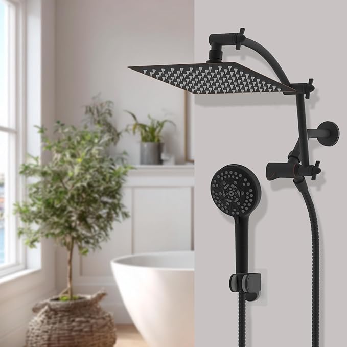 Hibbent All Metal Shower Head, 8'' High Pressure Rain Shower Head/Handheld Showerhead Combo with 16'' Adjustable Arc-shaped Extension Arm, 10 Sprays, 71'' Hose, Showerhead Holder, Oil Rubbed Bronze