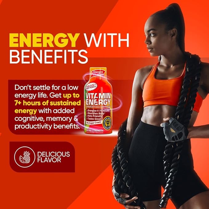 Vitamin Energy Focus+ Extra Strength Energy Shot Fruit Punch 12 Pack, 260mg Natural Caffeine, B-Vitamins, CoQ10, Amino Acids, Focus, Productivity & Clarity, Zero Sugar, Gluten-Free, 1.93 fl oz