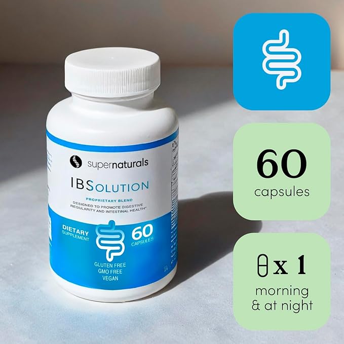 SuperNaturals IBSolution - Made in USA, Non-GMO, Gluten Free & Vegan (60 Capsules) - for Symptoms of IBS (Bloating, Constipation, Gas, Diarrhea, Abdominal Pain)