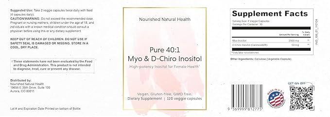 Nourished 40:1 Myo-inositol & D-Chiro Inositol - Supplement for Women with Fertility, Skin Health, or Menstrual Cycle Symptoms - Hormone Balance for Women - 120 Capsules