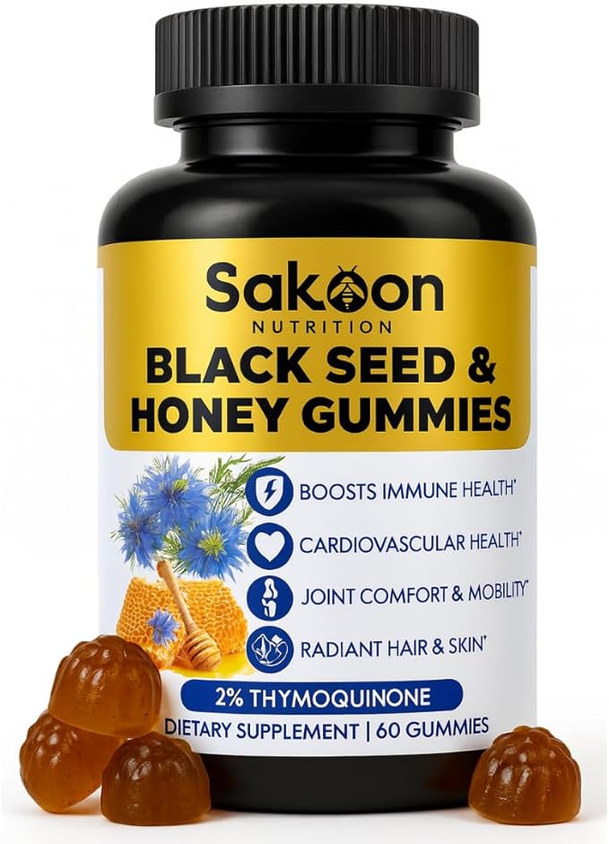 Sakoon nutrition Black Seed Oil Gummies with Honey and W/ 2%+ THYMOQUINONE - Nigella Sativa Seeds - Super antioxidant for Immune Support, Joints, Digestion, Hair & Skin - 60 Gummies