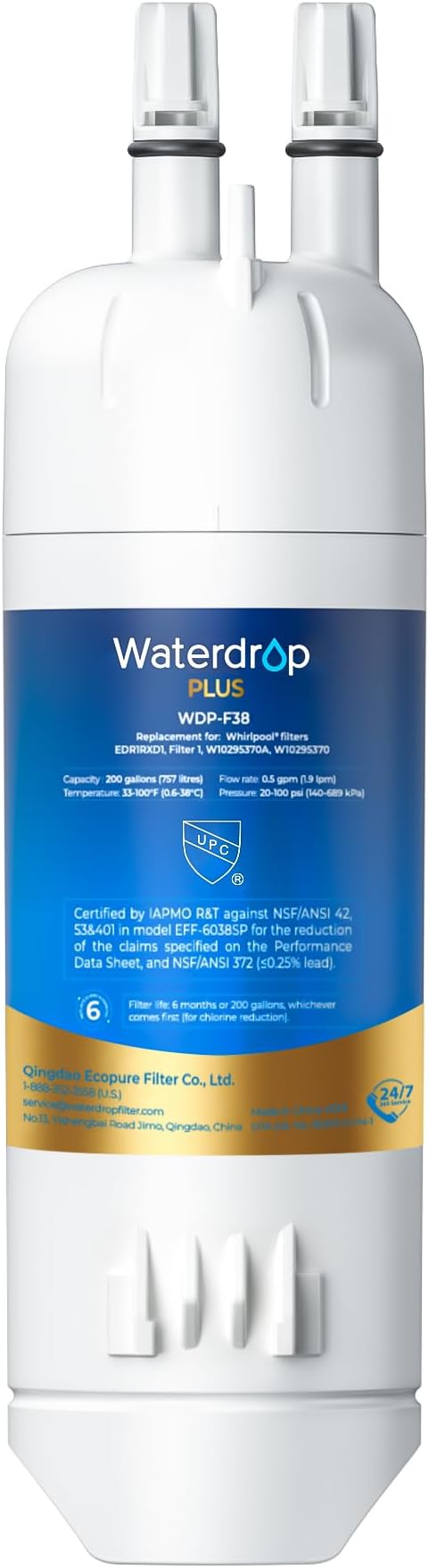 Waterdrop Plus EDR1RXD1 Replacement for Everydrop® Filter 1,W10295370A EDR1RXD1B, P8RFWB2L, P4RFWB, 46-9081, 46-9930 Refrigerator Water Filter