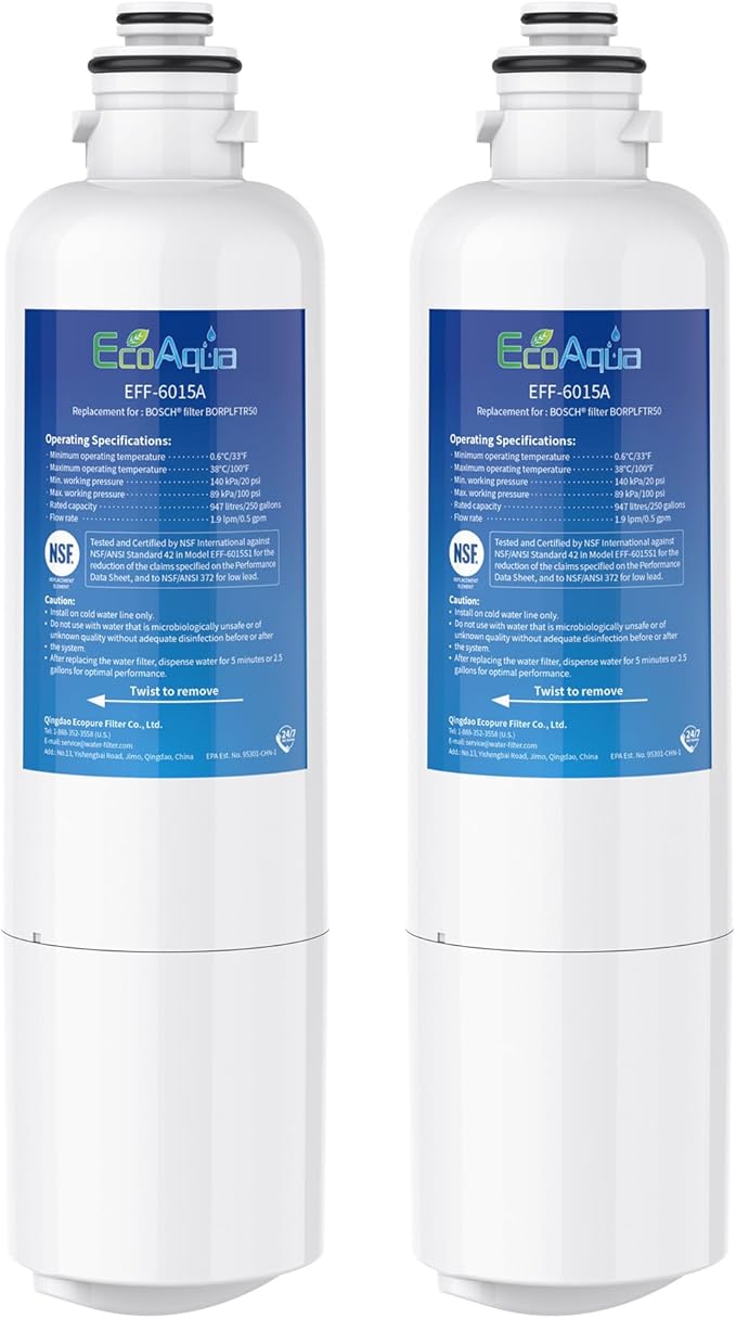 EcoAqua 11032531 Replacement for Bosch® Ultra Clarity® Pro BORPLFTR50, 12033030, 11025825, BORPLFTR55, B36CD50SNS, B36CT80SNS, B36CL80ENS, B36FD50SNS, WFC100MF, Refrigerator Water Filter, 2 Filters