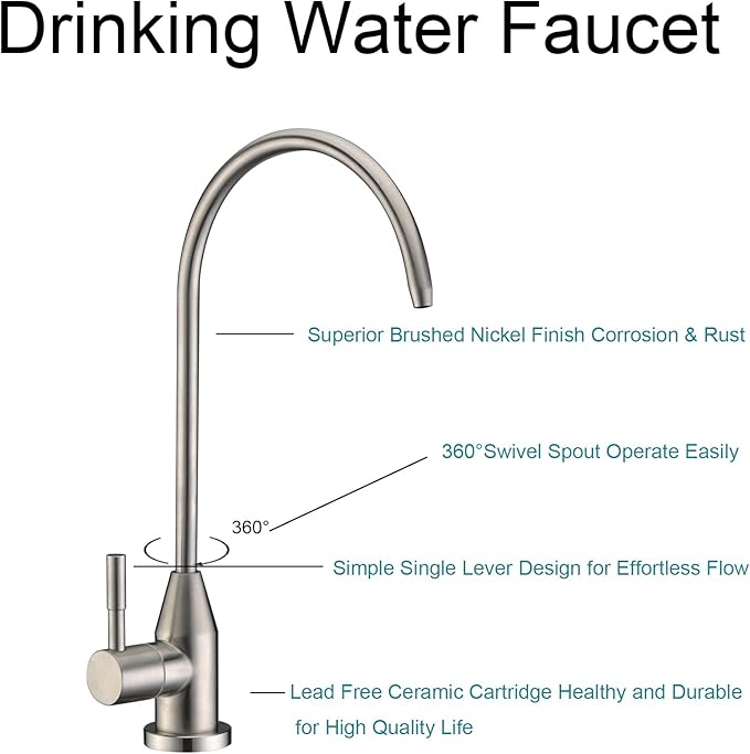 Drinking Water Faucet, Lead-Free Water Filter Faucet RO Stainless Steel Brushed Nickel Reverse Osmosis Faucet for Under Sink Water Filter System