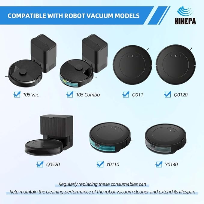 Robot Vacuum Part Replacement for iRobot Roomba 105 Vac Y0140 Q0120 Y0110 105 Combo Q011 Q0520 Models - 1 Main Brush, 4 Side Brushes, 4 HEPA Filters,4 Mop Pads｜Pet Hair Solution