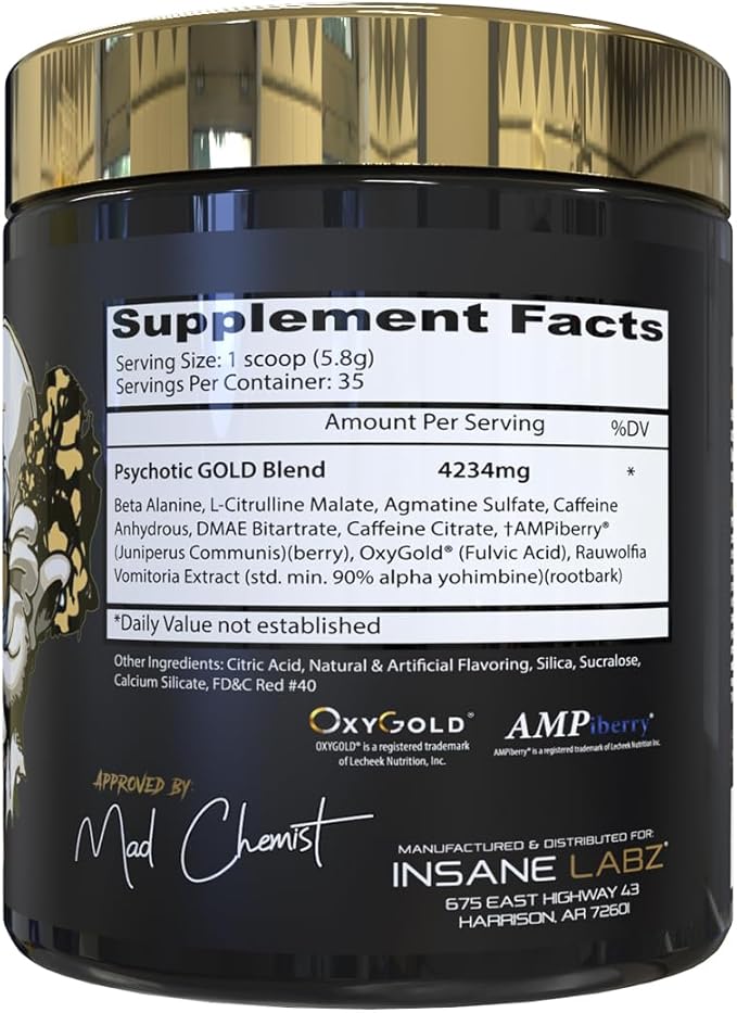 Insane Labz Psychotic Gold, High Stimulant Pre Workout Powder, Extreme Lasting Energy Focus, Pumps and Endurance with Beta Alanine, DMAE Bitartrate, NO Booster (35 Servings, Watermelon)