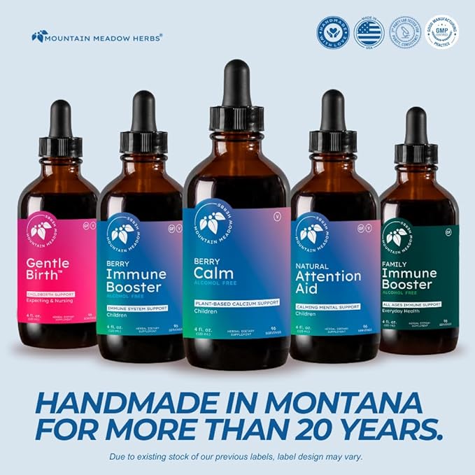 Mountain Meadow Herbs Berry Calm for Kids – Herbal Calcium Supplement for Strong Bones, Teeth, Focus & Relaxation, Great Tasting Liquid Formula, 4 oz