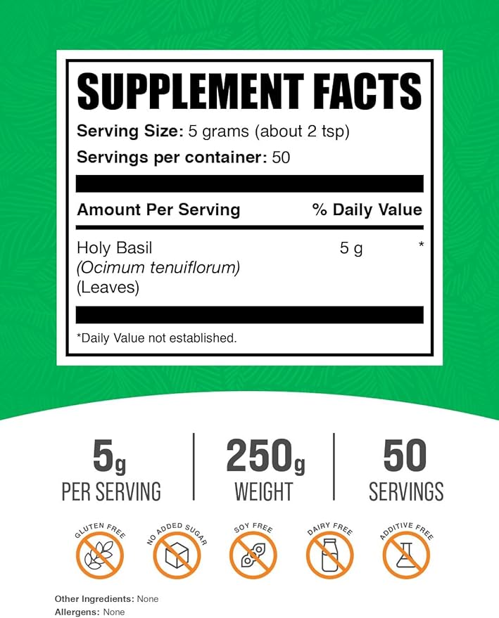 BulkSupplements.com Holy Basil Powder - Holy Basil Supplement, Holy Basil Leaf Powder - Tulsi Holy Basil, Herbal & Gluten Free, 5g per Serving, 250g (8.8 oz) (Pack of 1)