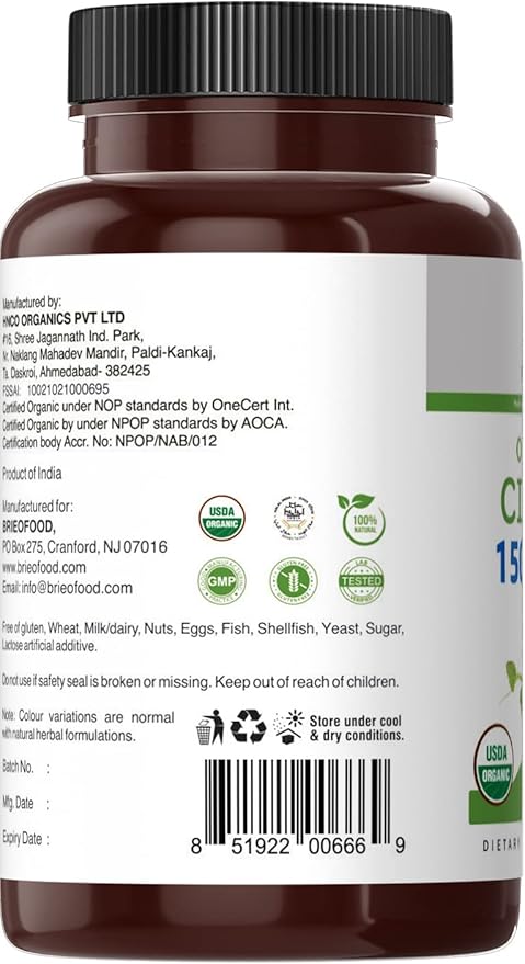 Brieofood Organic Cissus Quadrangularis 1500mg, 45 Servings, Vegetarian, Gluten Free, 90 Vegetarian Tablets