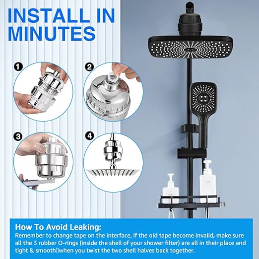 Shower Filter, 20 Stage Shower Head Filter for Hard Water High Output Shower Water Filter Shower Water Softener with 3 Replaceable Filter Cartridges Reduce Chlorine, Dry Skin, Itchy Scalp -Black