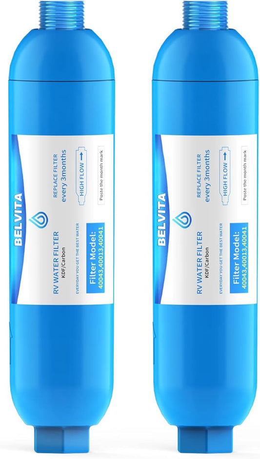 BELVITA RV Inline Water Filter,Dedicated for RVs and Marines,2 Pack Drinking,Washing Filter,Reduces Lead,Fluoride,Chlorine,Bad Taste,Odor
