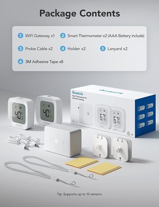 GoveeLife WiFi Refrigerator Thermometer with Alarm, Wireless Digital Freezer Temperature Gauge with App Control, LCD Display, 2 Years Free Data Export, for Home Kitchen Fridge Hot Tub 2 Pack