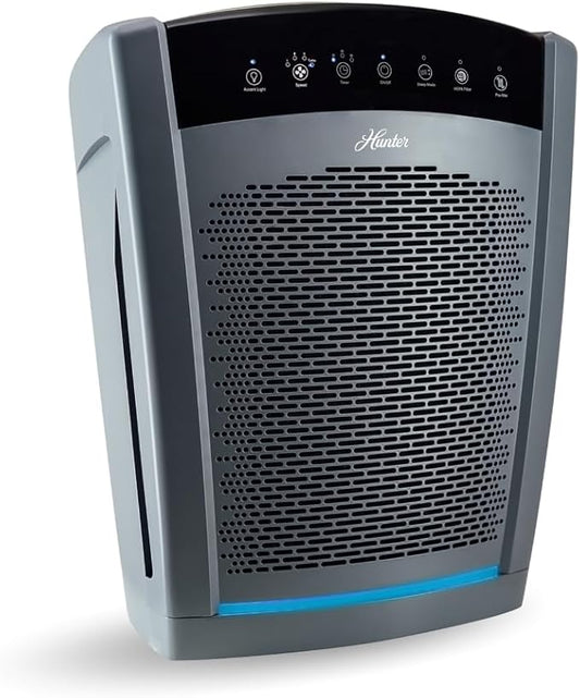 Hunter HP850 Air Purifiers for Home Large Room and Bedroom. True HEPA Air Purifier for Pets, Odors, Allergens, Smoke, Dust. 4 Fan Speeds, Quiet Sleep Mode, UV Mode. Filters 2585 Ft² per hour. Graphite