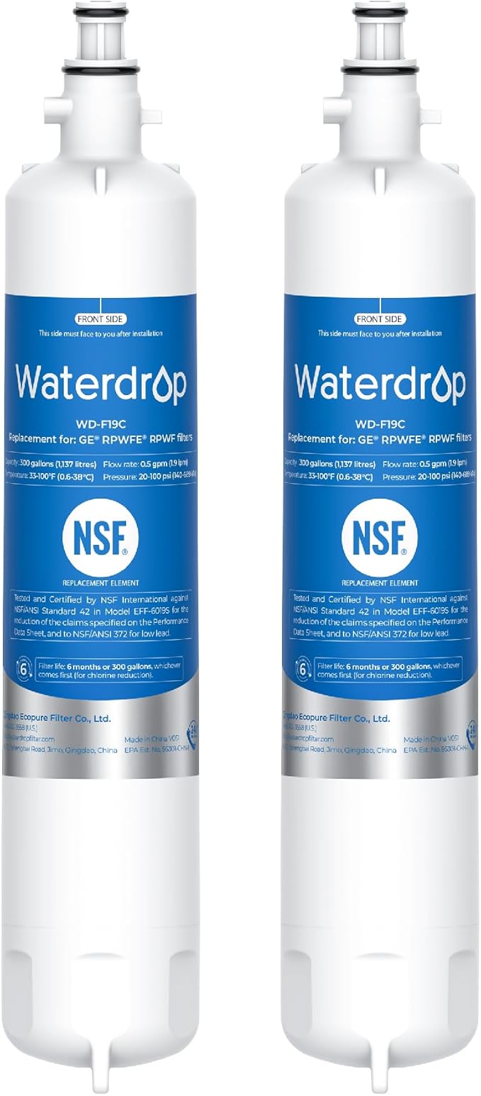 Waterdrop WD-F19C Replacement for GE® RPWFE®, RPWF (with CHIP) Refrigerator Water Filter, Compatible with GFE28GBLTS, GFE28GGKBB, GFE28GSKSS, PFE28KSKSS, PFE28KMKES, 2 Filters Package May Vary
