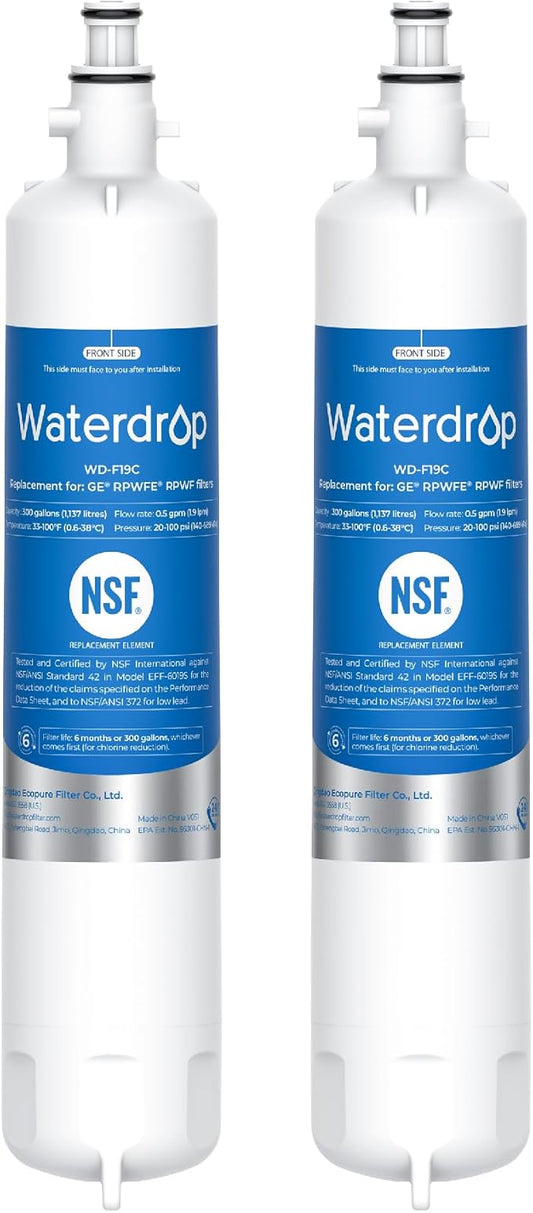 Waterdrop WD-F19C Replacement for GE® RPWFE®, RPWF (with CHIP) Refrigerator Water Filter, Compatible with GFE28GBLTS, GFE28GGKBB, GFE28GSKSS, PFE28KSKSS, PFE28KMKES, 2 Filters Package May Vary