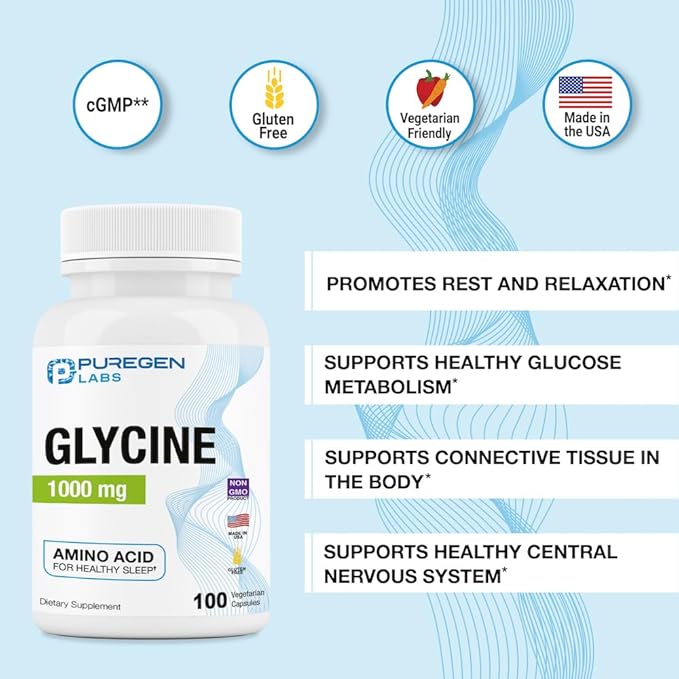 Puregen Labs Glycine 1000mg [High Potency] 100 Vegetarian Capsules, Promotes Healthy Sleep | No Harmful Additives | Non-GMO, NO Gluten and Dairy | Made in USA - 100 Servings