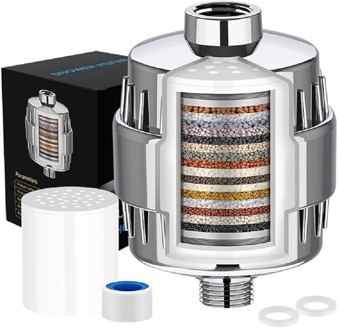20 Stage Shower Filter Universal with Replaceable Water Filter,Bathroom shower filter head for hard water,Removing Chlorine and fluoride,Polished Chrome
