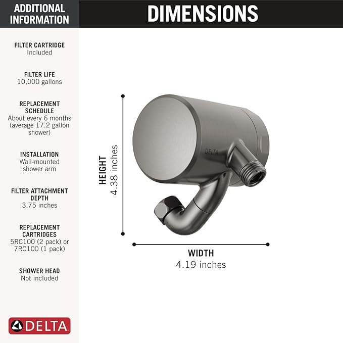 Delta Faucet Clarifi Premium Shower Filter Attachment with Filter, Hard Water Shower Filter, Shower Head Filter, Black Stainless 5SF100-KS